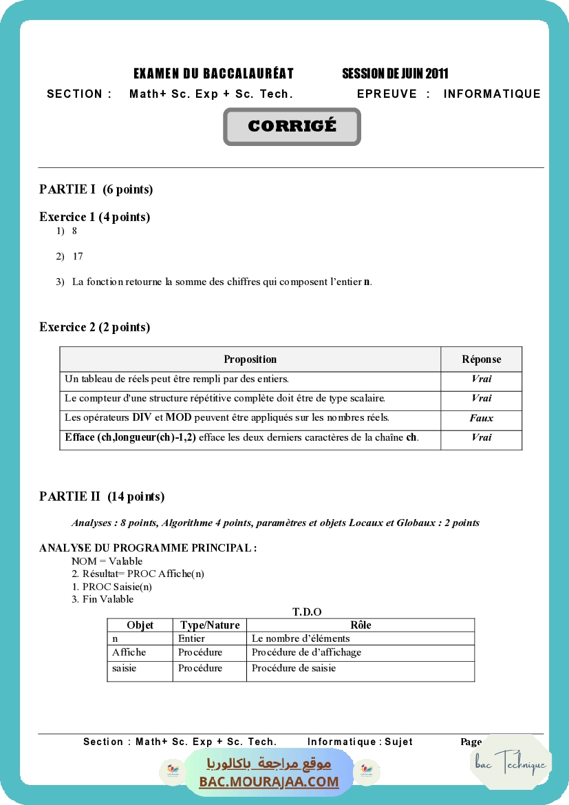 Corrigé principale info Bac 2011 – Section technique